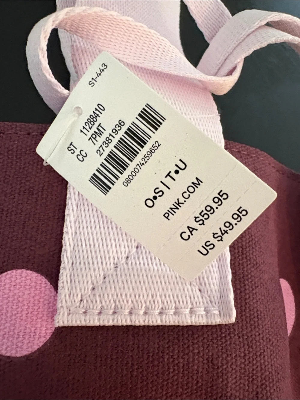 PINK Victoria's Secret Burgundy Tote with Pink Polka Dots and Matching Pouch